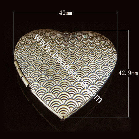 Brass Pendant, Album box, Heart, 42.9x40mm,inside diameter 29.1x26.5mm,Nickel free, Hole:Approx 2.5MM, 