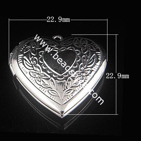 Brass Pendant, Album box,Heart,silver plated, 22.9x22.9mm,inside diameter 16.5x13.1mm,Nickel free, Lead Free,Hole:Approx 2MM,