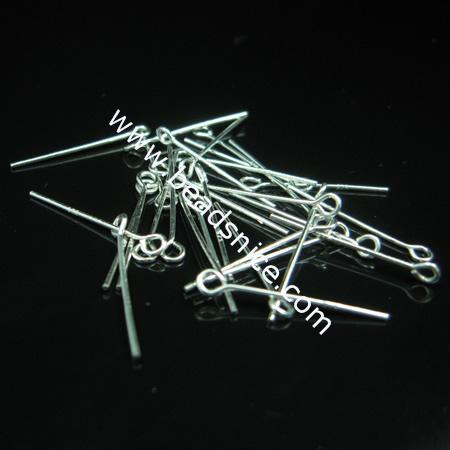 925 Sterling Silver Eyepins, 75x0.5mm, Hole:Approx 1.5MM, 