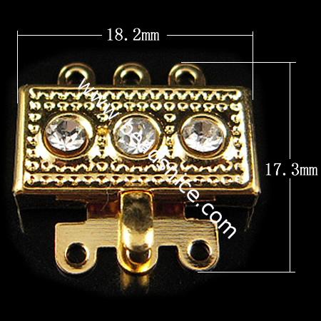 Jewelry clasp,brass,with Rhinestone,three rows,Nickel Free ,Lead safe,17.3x18.2mm,hole:1.2mm,