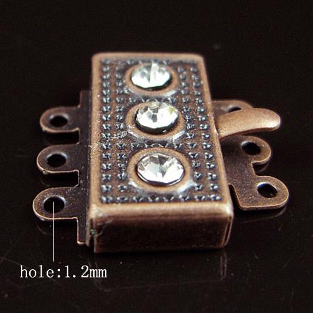 Jewelry brass clasp,with Rhinestone,three rows, Nickel Free,Lead Safe,17.3x18.2MM,hole: Approx 1.2MM,