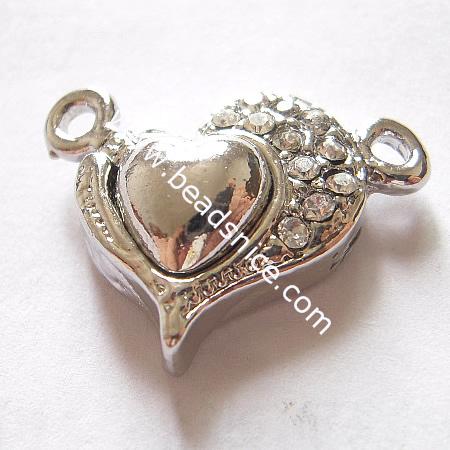 Jewelry Magnetic clasp with middle east rhinestone,alloy,Heart, nickel-free, two rows, 21x16x6mm,hole:about 2mm,