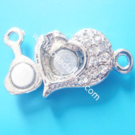 Jewelry Magnetic clasp with middle east rhinestone,alloy,Heart, nickel-free, two rows, 21x16x6mm,hole:about 2mm,