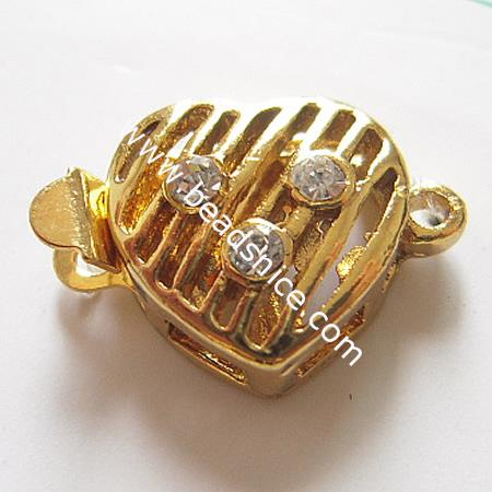 Jewelry brass clasp,with rhinestone,heart,11x16mm,nickel free,lead safe,