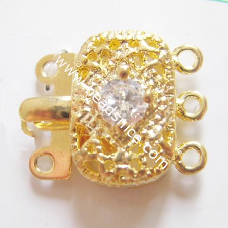 Jewelry clasp with rhinestone,nickel free,lead safe,rectangle, 15x17mm,three rows,