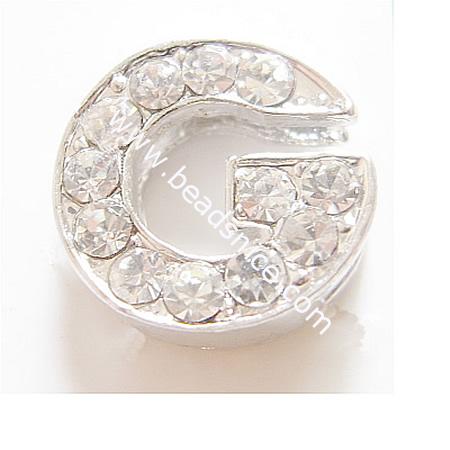 Jewelry letter rhinestone,alloy,code G,13x13x4.5mm, nickel free,lead safe,zinc free,cadmium free,