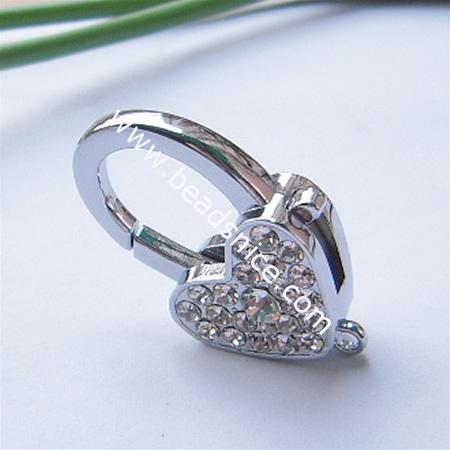 Lobster claw clasp with Rhinestone,alloy, lead-free, nickel-free, 40.5x25mm,hole approx 2.5mm,