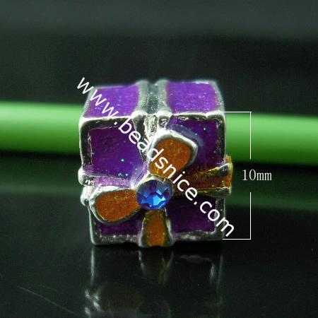 Enamel charm European beads style with rhinestone,alloy,no , Pb-free & Ni-free & Cd-free,10x10mm, hole approx 4mm, 