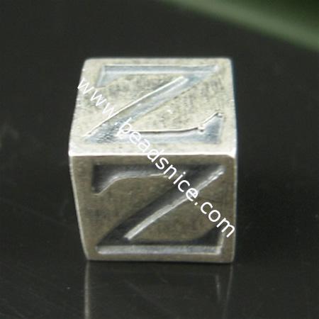 925 Sterling silver bali european style bead,no ,letter,7.5x7.5mm,hole:approx 4.5mm,cube,