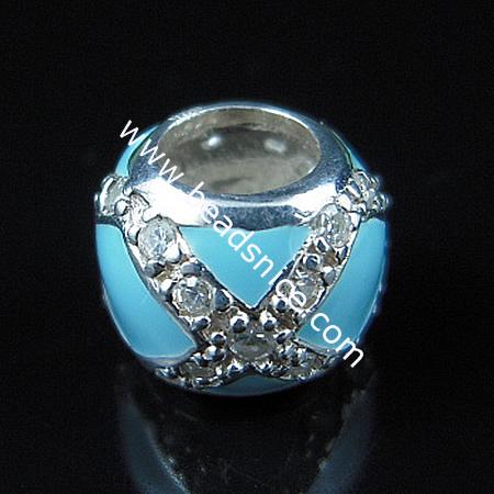 925 sterling silver enamel charm european style bead,with rhinestone,8x10mm,hole:approx 5mm,