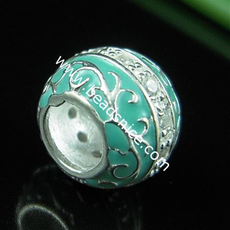 925 sterling silver enamel charm european style bead,with rhinestone,9x11mm,hole:approx 5mm,