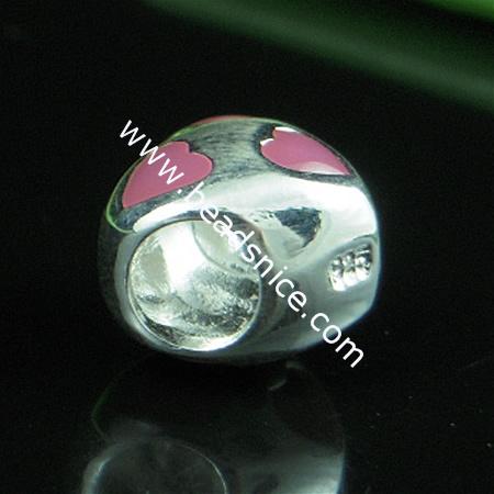 925 sterling silver enamel charm european style bead,10x10.5mm,hole:approx 4.5mm,heart,