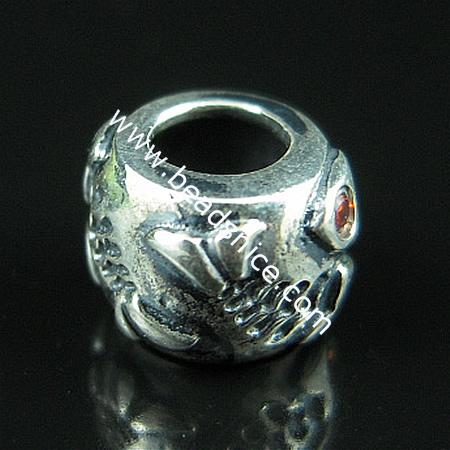 925 Sterling silver europeand style bead with rhinestone,7x9.5mm,hole:about 4.5mm,no ,