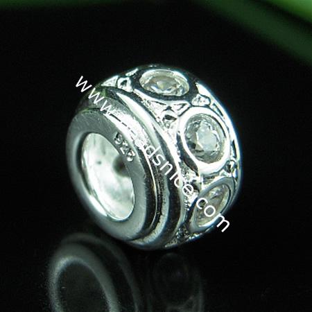 925 Sterling silver europeand style bead with rhinestone,6.5x10mm,hole:about 4.5mm,no ,