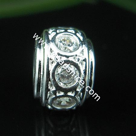 925 Sterling silver europeand style bead with rhinestone,6.5x10mm,hole:about 4.5mm,no ,