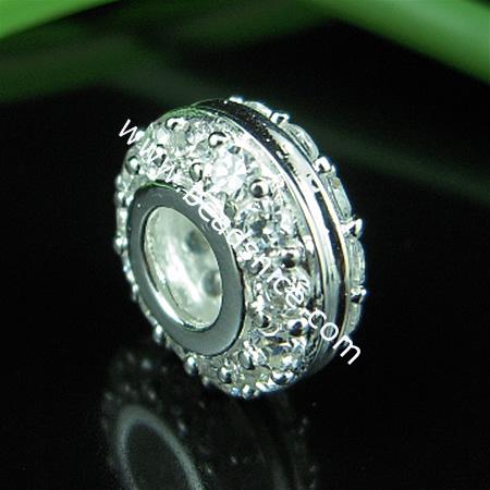 925 Sterling silver european style bead with rhinestone,6x13mm,hole:approx:5mm,no ,