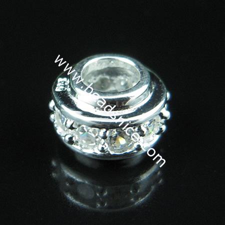 925 Sterling silver european style bead with rhinestone,6x9mm,hole:approx:4mm,no ,