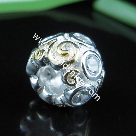 925 Sterling silver european style bead with rhinestone,9x11.5mm,hole:approx:4.5mm,no ,