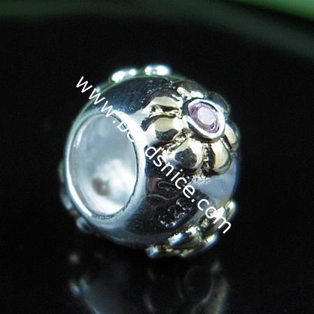 925 Sterling silver european style bead with rhinestone,7.5x10mm,hole:approx:5mm,no ,