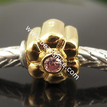 925 Sterling silver european style bead with rhinestone,9x8mm,hole:approx 4.5mm,no ,flower,