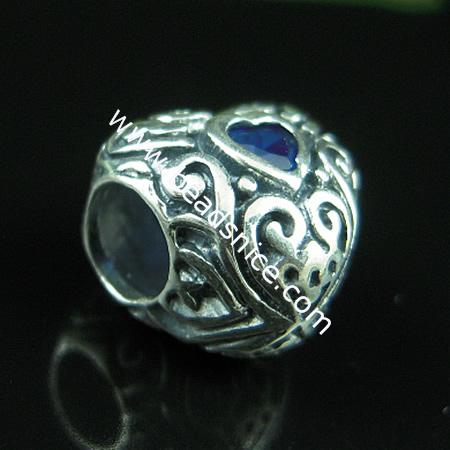 925 Sterling Silver European Bead Style With Zircon(C.Z) Bead ,11x11.5mm,hole:about 5mm, no ,heart,