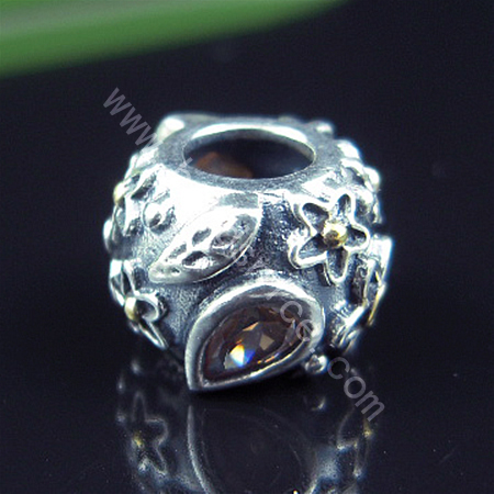 925 Sterling silver european bead style with Zircon(C.Z) bead ,8x10.5mm,hole:about 4.5mm, no ,