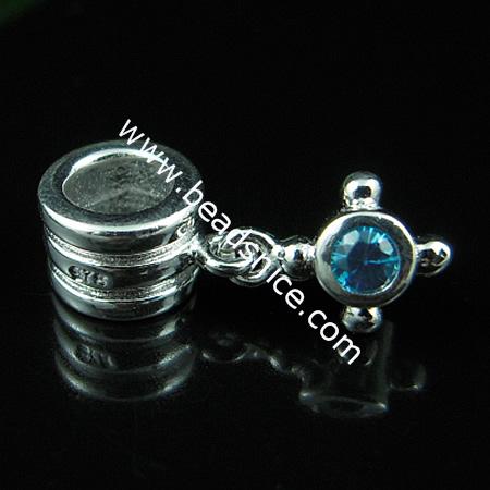 925 Sterling silver european style pendant with rhinestone,18x7mm,hole:approx 4.5mm,no ,