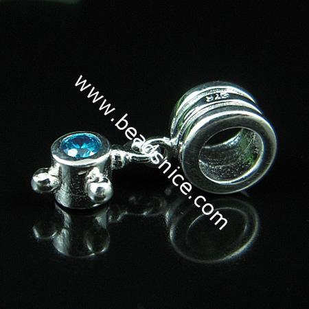 925 Sterling silver european style pendant with rhinestone,18x7mm,hole:approx 4.5mm,no ,