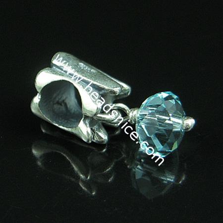 925 Sterling silver european style pendant with crystal bead,16x6mm,hole:approx 4mm,no ,