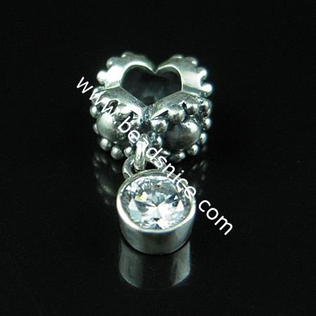 925 Sterling silver european style pendant with rhinestone,18x5mm,hole:approx 4.5mm,no ,
