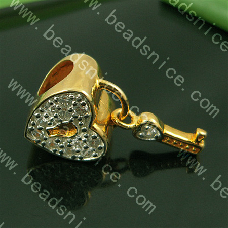 925 Sterling silver european style pendant with rhinestone,22x10.5mm,hole:approx 5mm,no ,