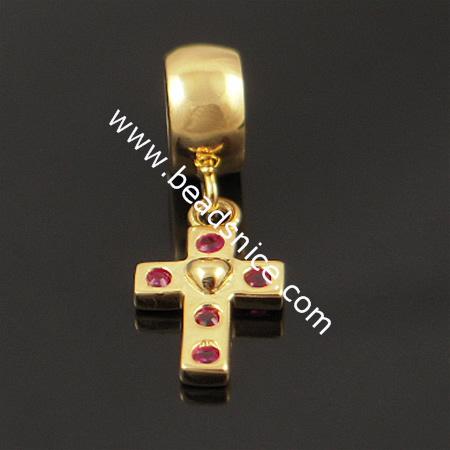 925 Sterling silver european style pendant with rhinestone,23x8.5mm,hole:approx 5mm,no ,cross,