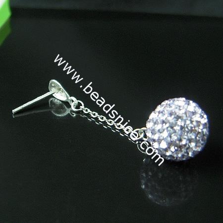 Sterling Silver Ear Stud  with  crystal rhinestone,11.5x36x10mm,0.8mm thick,