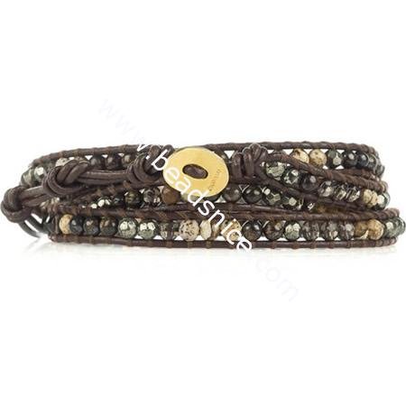 Leather and multi-stone wrap bracelet,8mm,30inch,