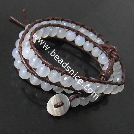  Wrap Bracelets Beautiful White Agate Bracelets Stainless steel Wrap Bracelet on Natural Brown Leathe,width:10mm,13.5inch