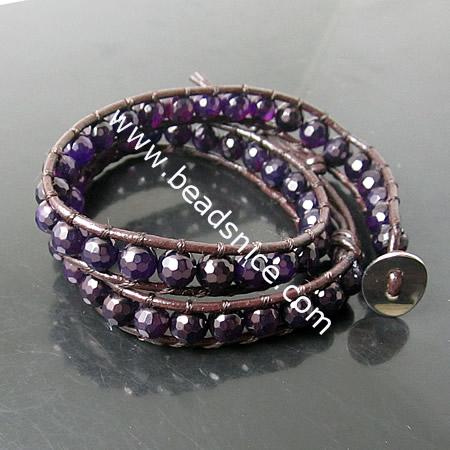  Wrap Bracelets Beautiful Purple Agate Bracelets Stainless steel Wrap Bracelet on Natural Brown Leathe,width:10mm,13.5nch