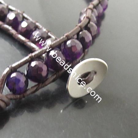  Wrap Bracelets Beautiful Purple Agate Bracelets Stainless steel Wrap Bracelet on Natural Brown Leathe,width:10mm,13.5nch