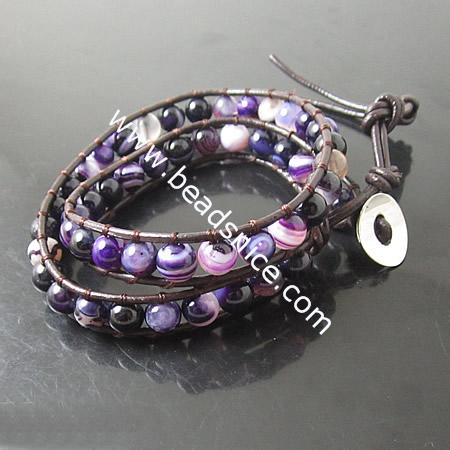  Wrap Bracelets Beautiful Colorful Agate Bracelets Stainless steel Wrap Bracelet on Natural Brown Leathe,width:10mm,13.5inch