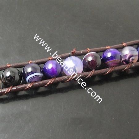  Wrap Bracelets Beautiful Colorful Agate Bracelets Stainless steel Wrap Bracelet on Natural Brown Leathe,width:10mm,13.5inch