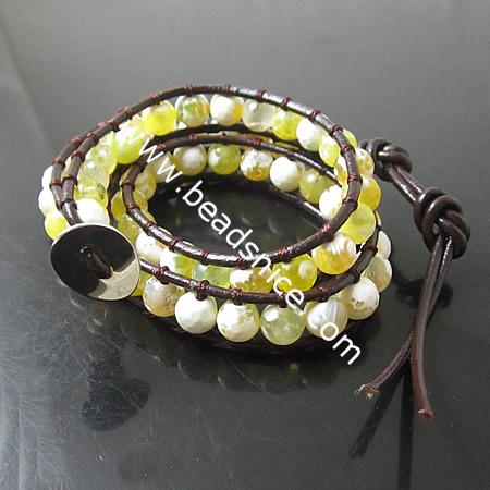  Wrap Bracelets Beautiful Agate Bracelets Stainless steel Wrap Bracelet on Natural Brown Leathe,width:10mm,13.5inch
