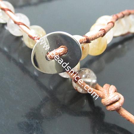 Wrap Bracelets Beautiful Rutilated Quartz Bracelets Stainless steel Wrap Bracelet on Natural Light Brown Leather,width:10mm,13.5