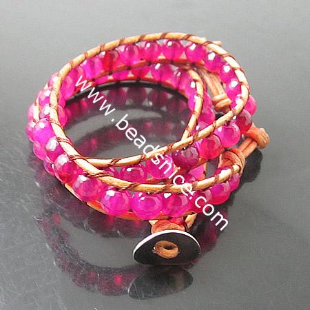 Fresh pink Wrap Bracelets Beautiful Agate Bracelets Stainless steel Wrap Bracelet on Natural Light Brown Leather,width:10mm,13.5