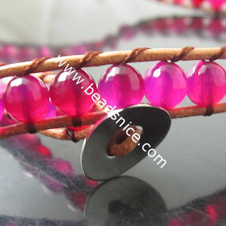 Fresh pink Wrap Bracelets Beautiful Agate Bracelets Stainless steel Wrap Bracelet on Natural Light Brown Leather,width:10mm,13.5