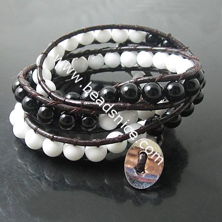Wrap Bracelets Beautiful black and white Agate Bracelets Stainless steel Wrap Bracelet on Natural Brown Leather,width:10mm,21inc