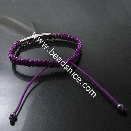 Purple wax rope bracelet with zinc alloy and rhinestone,35X16mm,6inch