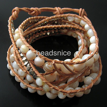Wrap Bracelets Beautiful Shell beads Bracelets Stainless steel Wrap Bracelet on Natural Leather,
