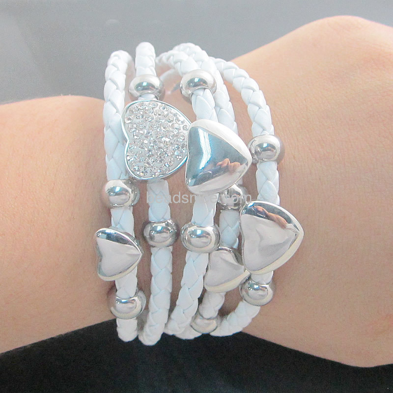Stainless steel bracelet 5 wrap real Leather Rhinestone heart charm titanium Stainless Steel Clasp Bracelet
