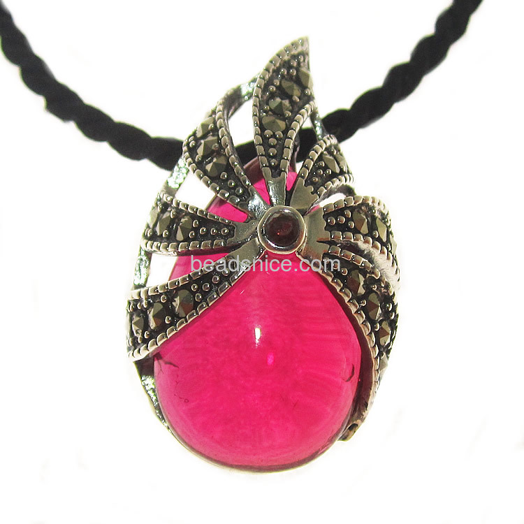 Marcasite stone necklaces pendant with imitation ruby thailand sterling silver