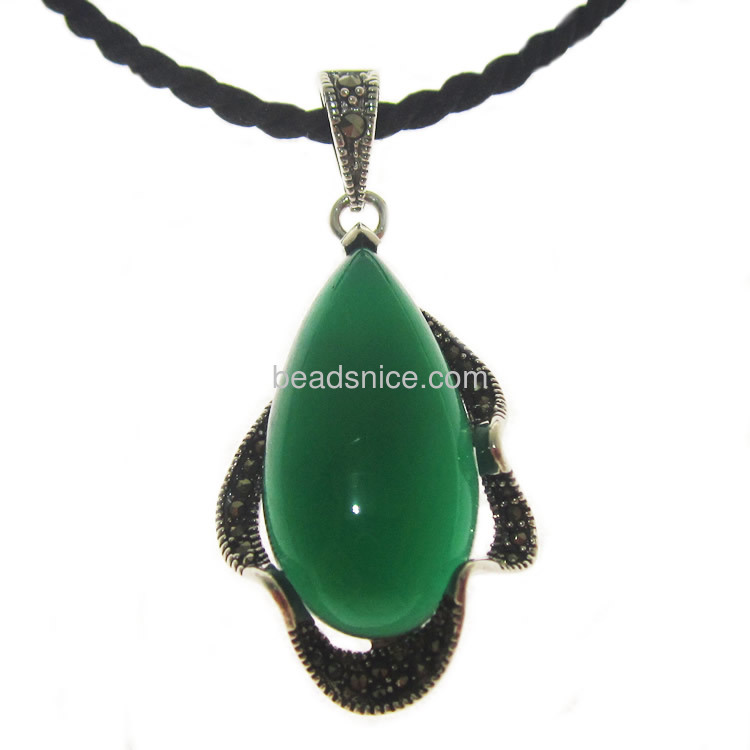 Thailand sterling silver marcasite  pendant with green agate teardrop shape