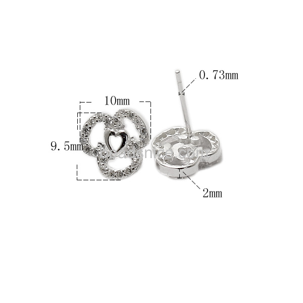 Nice jewelry 925 silver earring studs tiny heart inside with 3 leaves rhinestone